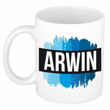 Arwin naam / voornaam kado beker / mok verfstrepen - gepersonaliseerde mok met naam